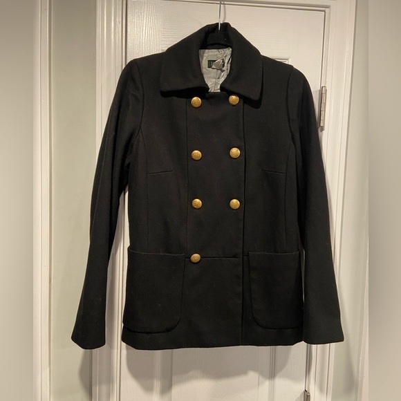 J. Crew Black Double Breasted Wool Blend Gold Button Pea Coat Lined Size 4 - Picture 1 of 12